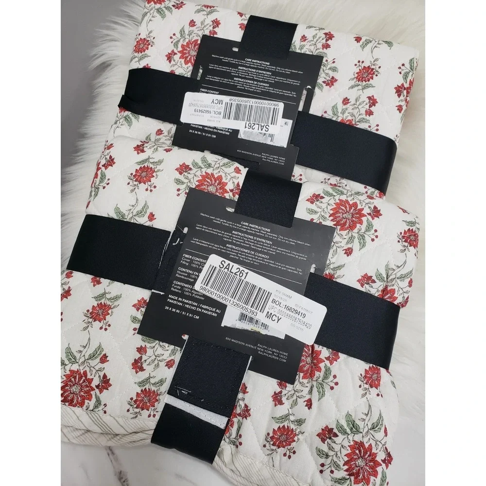 NEW LOT 2 Ralph Lauren Pillow Sham King Quilted Maren Cotton Red White Floral